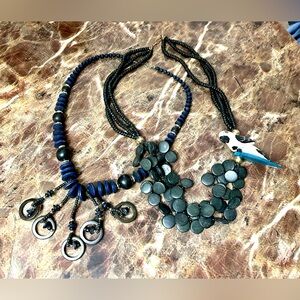 Set of 2 Black, Navy Vintage Wooden Necklaces (ca. 1980s)